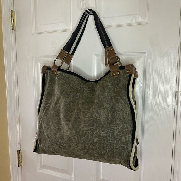 Uddini  grey distressed canvas large tote with brown faux leather trims - Picture 4 of 14